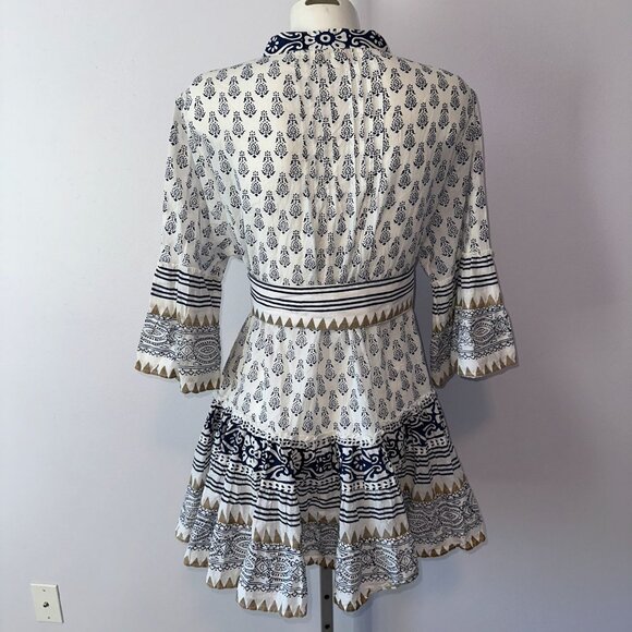 Pep's Cannes Printed Blue Flutter Mini Dress Tunic Belted Cotton Size Small - Picture 4 of 7